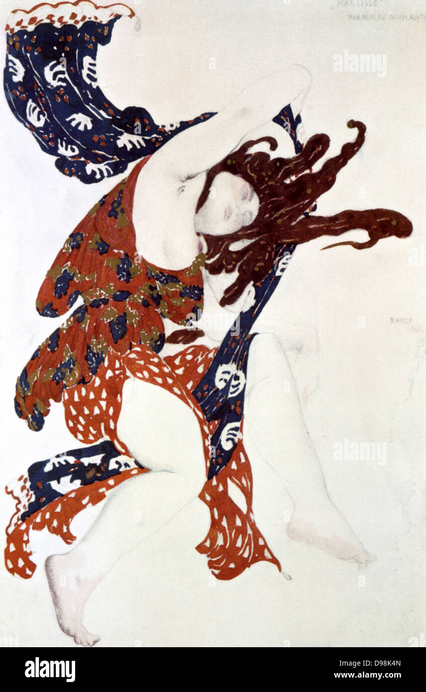 Disegno di costumi da Leon Bakst (1866-1924) per il primo Bacchante in 'Narcisse' prodotta nel 1911 da Sergej Diaghilev's Ballets Russes. Musiche di Nikolai Tcherepnin. Foto Stock