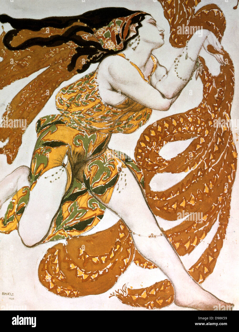 Disegno di costumi da Leon Bakst (1866-1924) per un Bacchante in 'Narcisse' prodotta nel 1911 da Sergej Diaghilev's Ballets Russes. Musiche di Nikolai Tcherepnin. Foto Stock