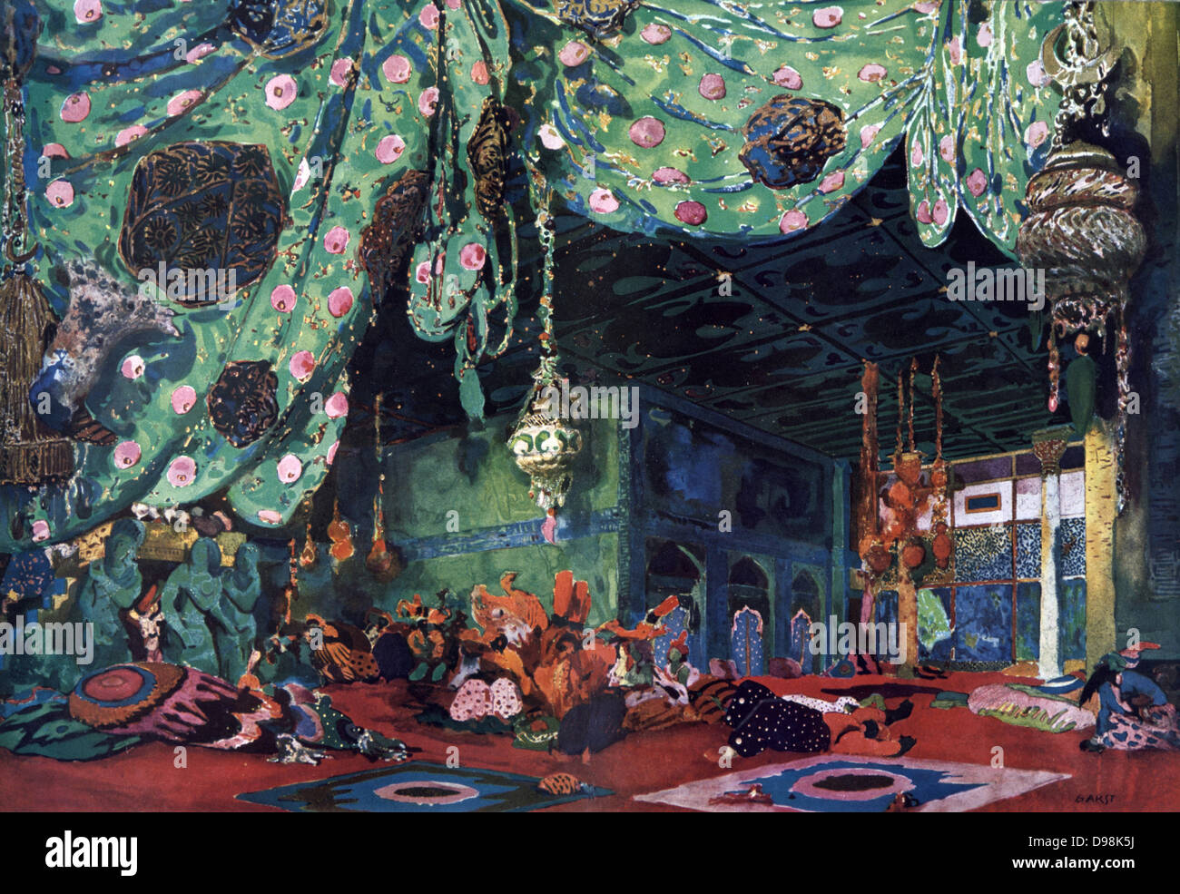 Scenario design by Leon Bakst (1866-1924) "cheherazade' prodotta nel 1910 da Sergej Diaghilev's Ballets Russes. Musiche di Nikolai Rimsky-Korsakov, coreografia di Michel Fokine. Foto Stock