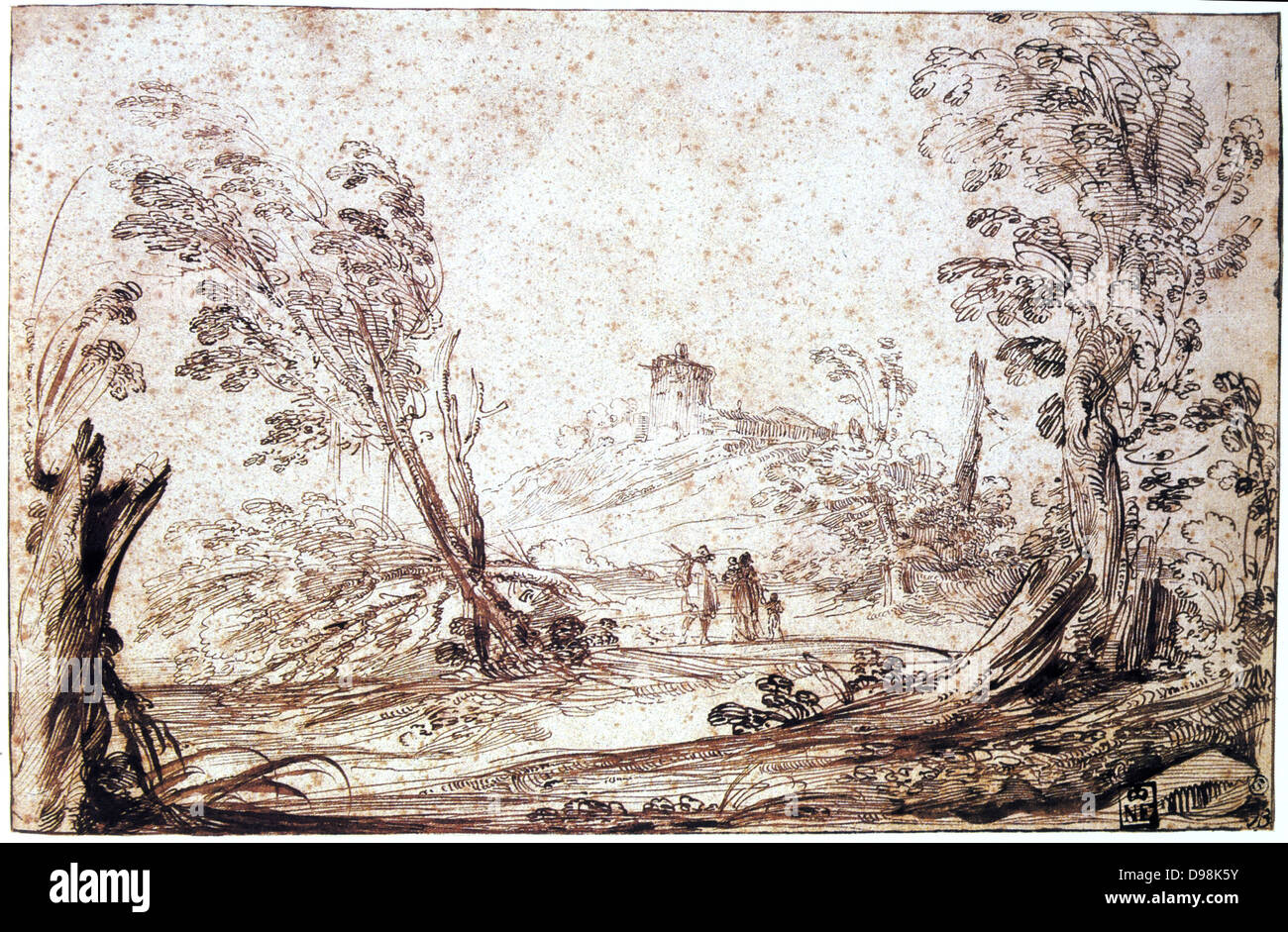 Giovanni Francesco Barbieri, chiamato Il Guerincino (1591-1666) Italiano pittore barocco. Paesaggio con wind-soffiato alberi e famiglia a piedi in distanza. Disegno a penna e inchiostro bruno e wash. Foto Stock