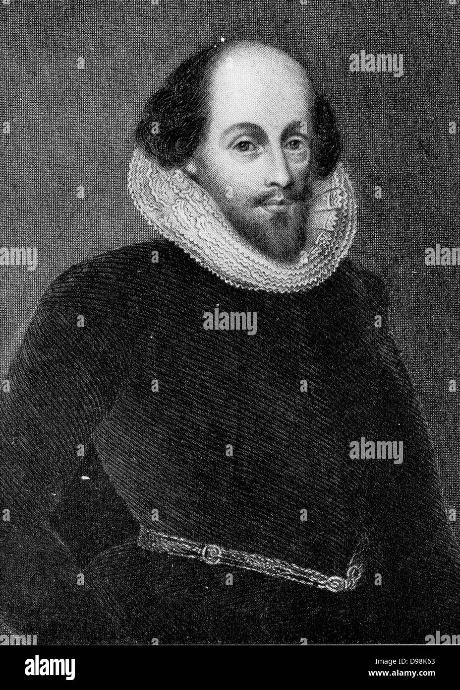Incisione in acciaio del dipinto il ritratto di Ashbourne è stato identificato come un ritratto di Shakespeare nel 1847, e attualmente si blocca nella Folger Shakespeare Library. Il dipinto è stato riprodotto come Shakespeare nella metà del XIX secolo come una mezzatinta da G.F. Tempesta. Foto Stock