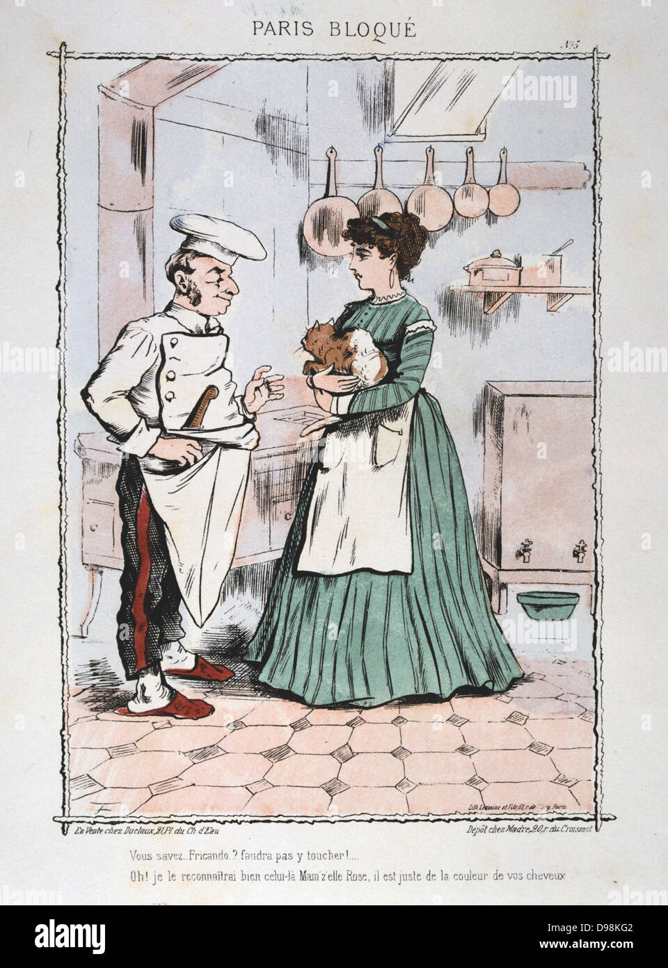 Guerra franco-prussiana 1870-1871: assedio di Parigi 19 settembre 1870-28 gennaio 1871. Lo Chef cerca di rassicurare la donna che egli non era suggerendo la cottura il suo animale domestico. Da 'Paris Bloque', Faustin Betbeder. Francia Germania penuria alimentare la fame Foto Stock