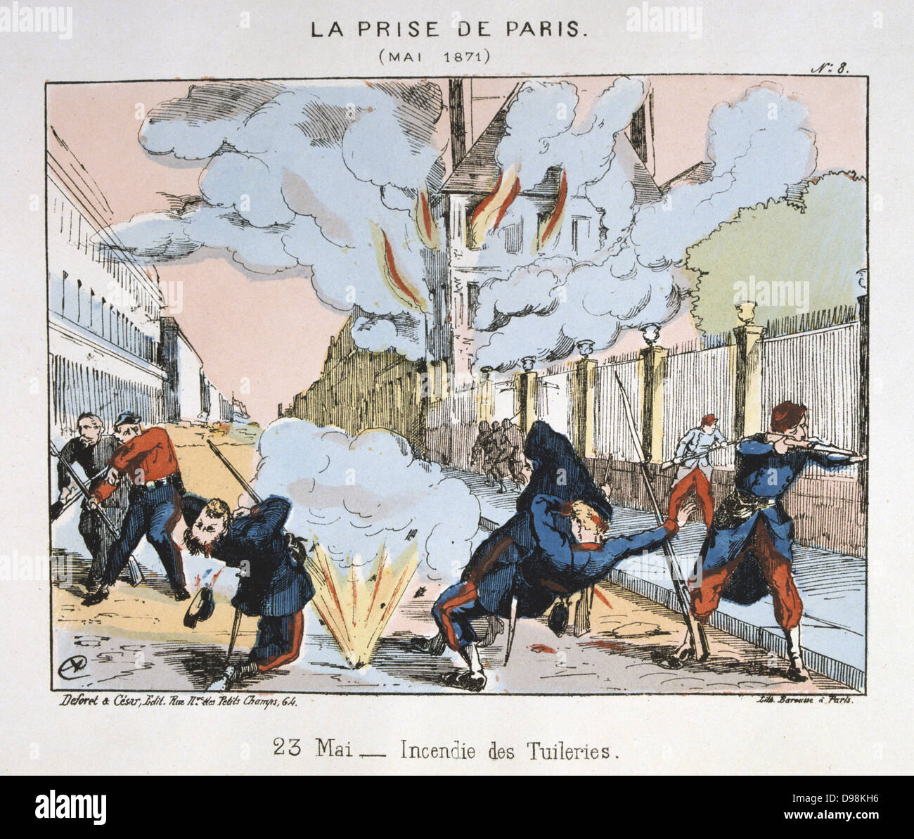 Comune di Parigi 26 marzo-28 maggio 1871. La sanguinosa settimana: la Versailles, regolari le truppe governative proveniente sotto il fuoco alle Tuileries, 23 maggio 1871. Litografia colorata. Foto Stock