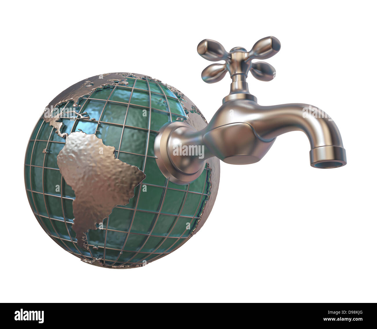 Un rubinetto attaccato ad un mondo su sfondo bianco. Foto Stock