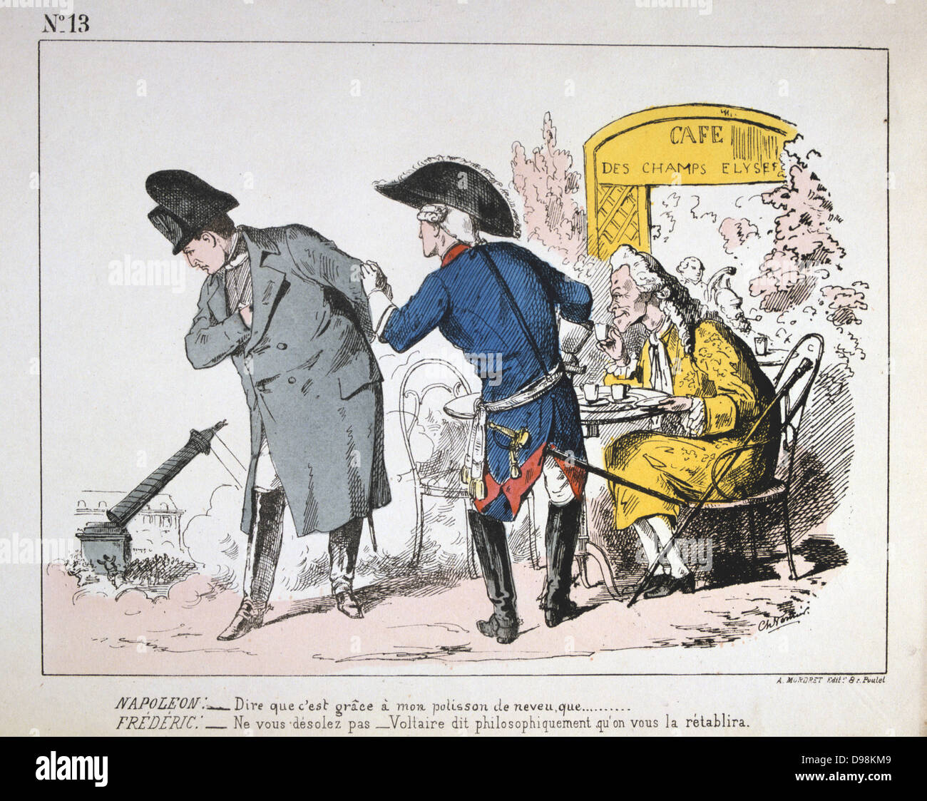 Comune di Parigi 26 marzo-28 maggio 1871. Napoleone I, Federico il Grande e Voltaire guardare in giù dall'Elysian Fields come Communards tirare verso il basso la colonna Vendome, eretta da Napoleone per commemorare la vittoria di Austerlitz. Francia Germania Foto Stock