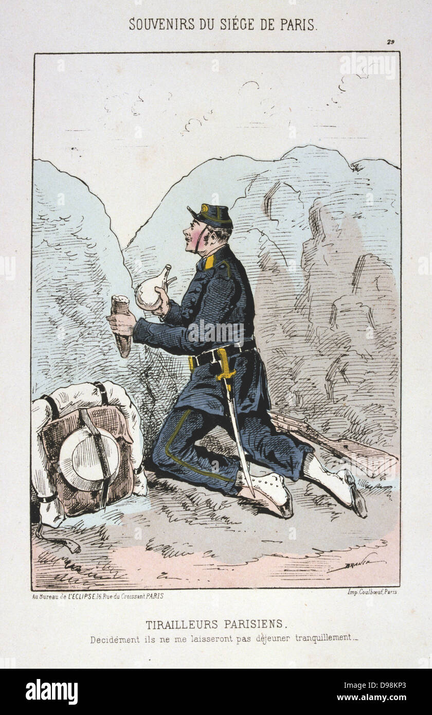 Guerra franco-prussiana 1870-1871: assedio di Parigi 19 settembre 1870-28 gennaio 1871. Rifleman del Paris Garde Sedentaire mangiare il suo pranzo durante una tregua nei combattimenti. Da 'Souvenirs du siege de Paris' di Jules Renard Draner. Francia Germania Foto Stock