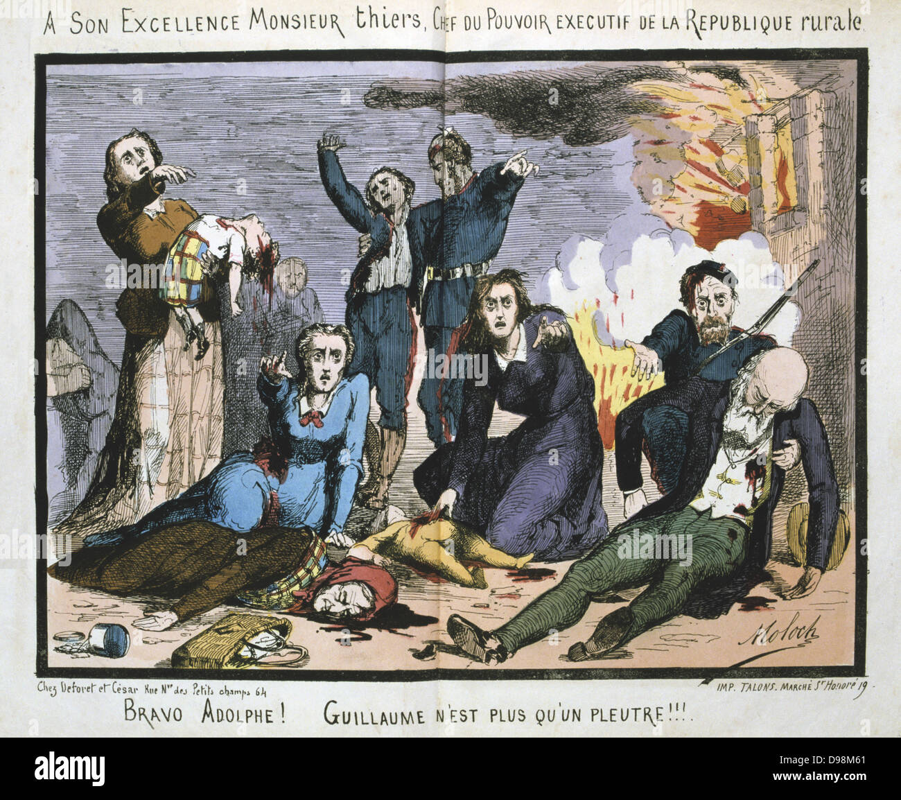 Cartoon di Moloch contro il politico francese Louis Adolphe Thiers (1797-1877) dopo la caduta della Comune di Parigi il 28 maggio 1871. Foto Stock