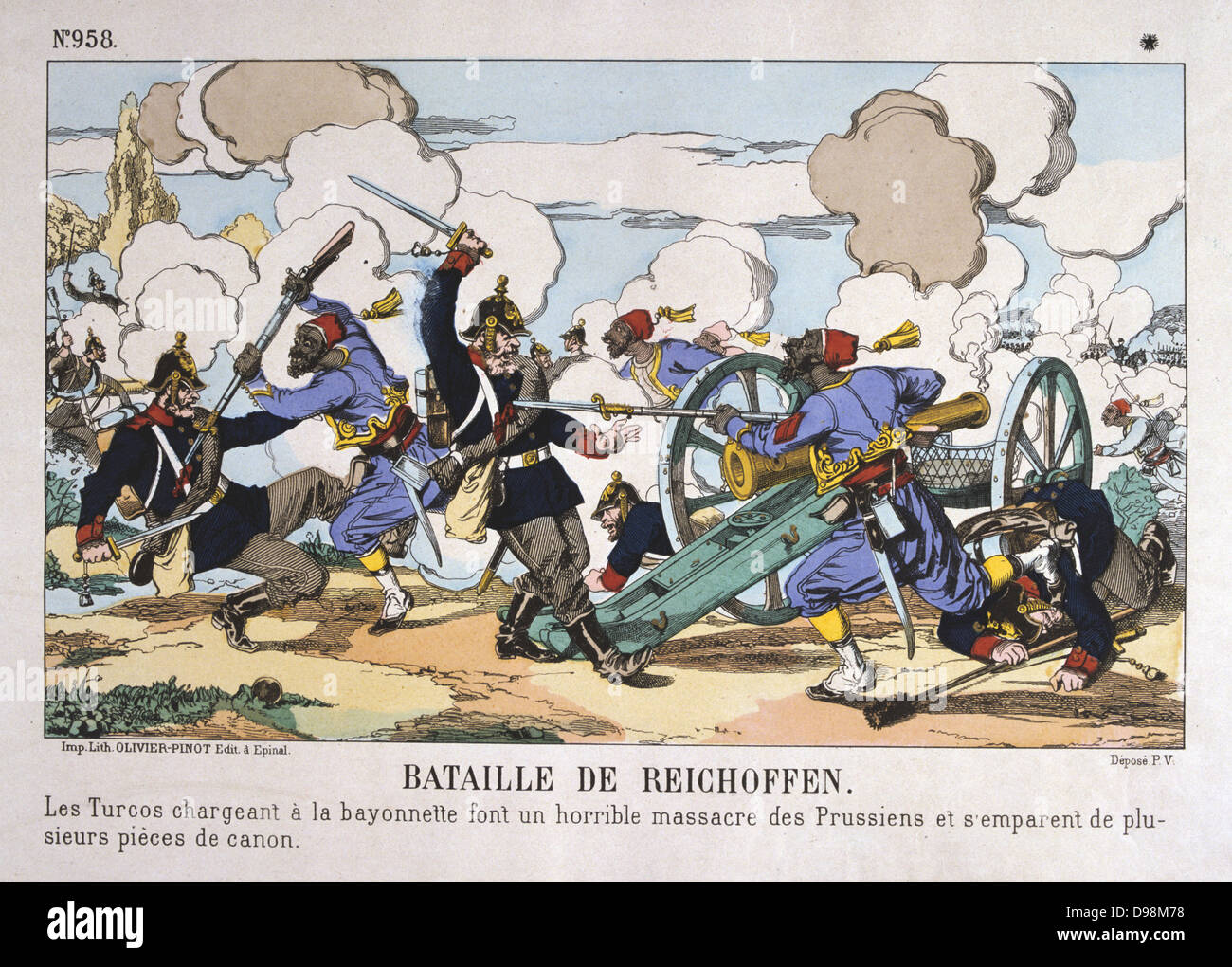 Guerra franco-prussiana 1870-1871: la Battaglia di Reichshoffen chiamato anche Battaglia di vale la pena, 5 agosto 1870. Le truppe turche sotto comando francese schiacciante di una batteria di Prussia. Decisiva vittoria Prussiana. Xilografia colorata. Foto Stock