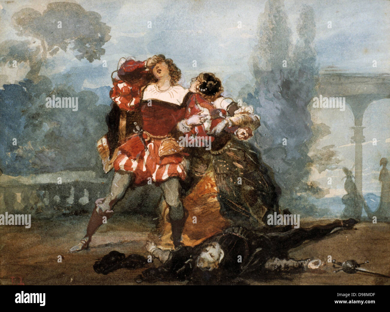 Illustrazione di Alfred Musset la commedia "Les Caprices de Marianne'. 1833. Acquerello, 1833, da Eugene Lami (1800-1890), pittore francese. Duello rammarico Panic Teatrale Foto Stock