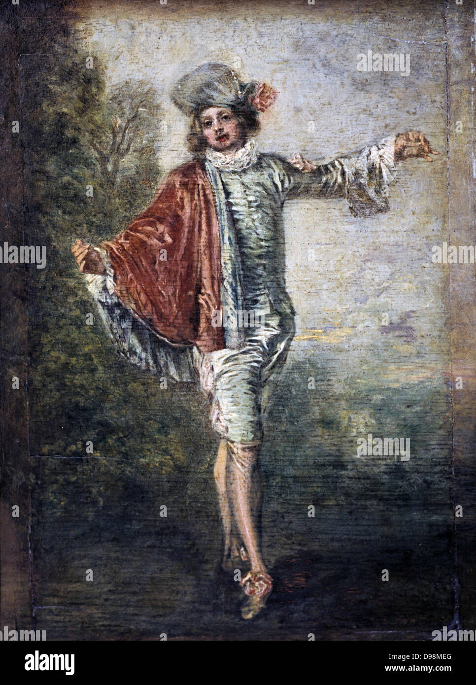 L'indifferente" (l'Gallant: Il Flirt) olio su tela. Jean-Antoine Watteau (1684-1721), pittore francese. La moda maschile calzoni di calza scarpa mantello Ruff tessuto Raso Velluto Foto Stock