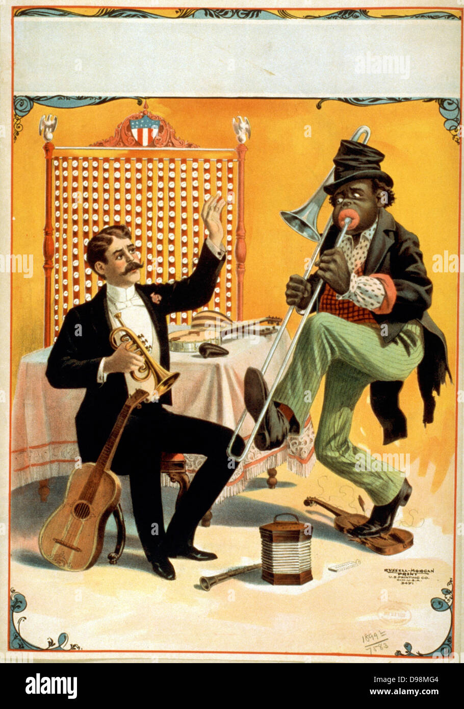 Uomo seduto tenendo premuto il clacson con il braccio sollevato e americano africano giocando trombone. [C1899] (poster) : Litografia Foto Stock