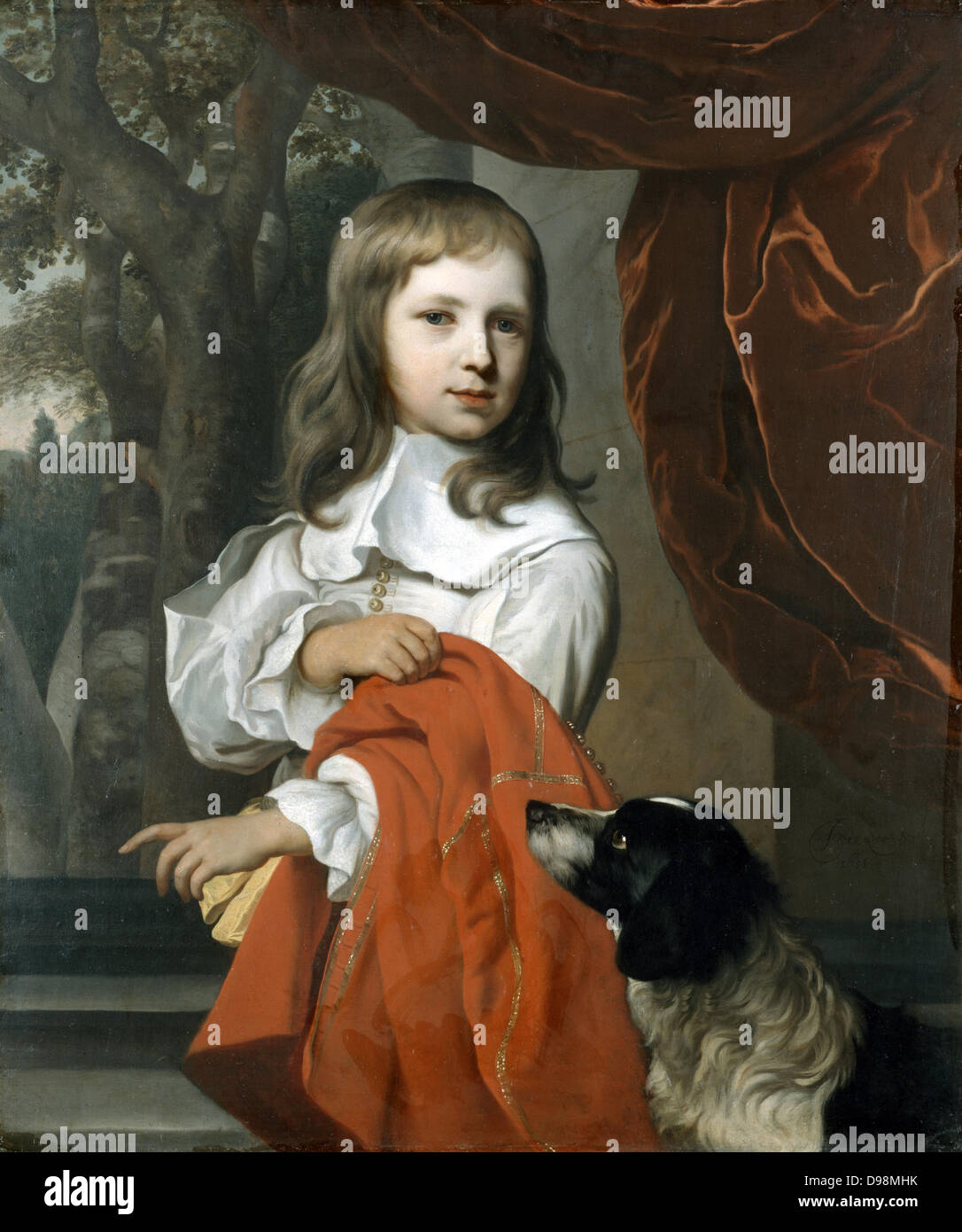 Ritratto di un giovane ragazzo con un cane", 1658. Olio su tela. Jacob Van Loo (1614-1670) pittore olandese. Bambino animale fedeltà Pet velluto Tessuto Foto Stock