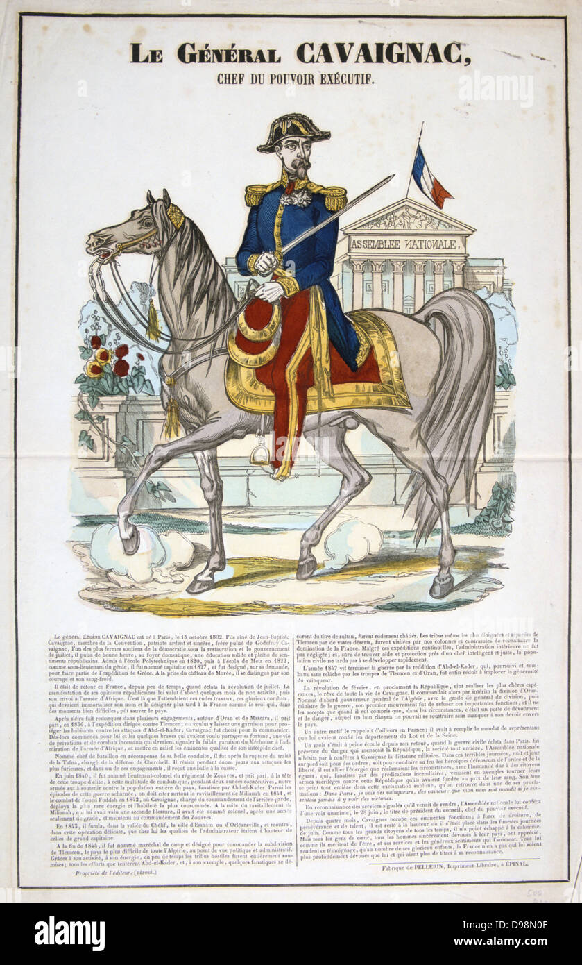 Louis-Eugene generale Cavaignac (1802-1857), 26 Primo ministro di Francia maggio-dicembre 1848. Cavaignac soppresse la rivoluzione del 1848. Popolari francesi colorate a mano stampa di Cavaignac montato sul suo caricabatterie. Foto Stock