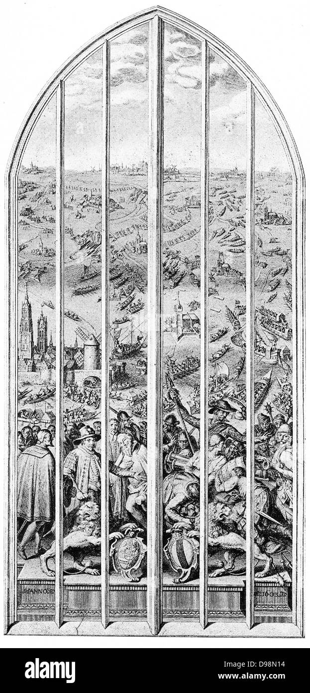 L'Assedio di Leiden si è verificato durante gli ottanta anni di guerra nel 1573 e 1574, quando lo spagnolo ha tentato di catturare la città ribelle di Leiden, Olanda meridionale, Paesi Bassi, e in ultima analisi non riuscita. Nel 1603 in ricordo di questo fatto, mostrato qui a Gouda, la chiesa finestra. In alto possiamo vedere la città sotto assedio, dove San Pietro è mostrato. Foto Stock