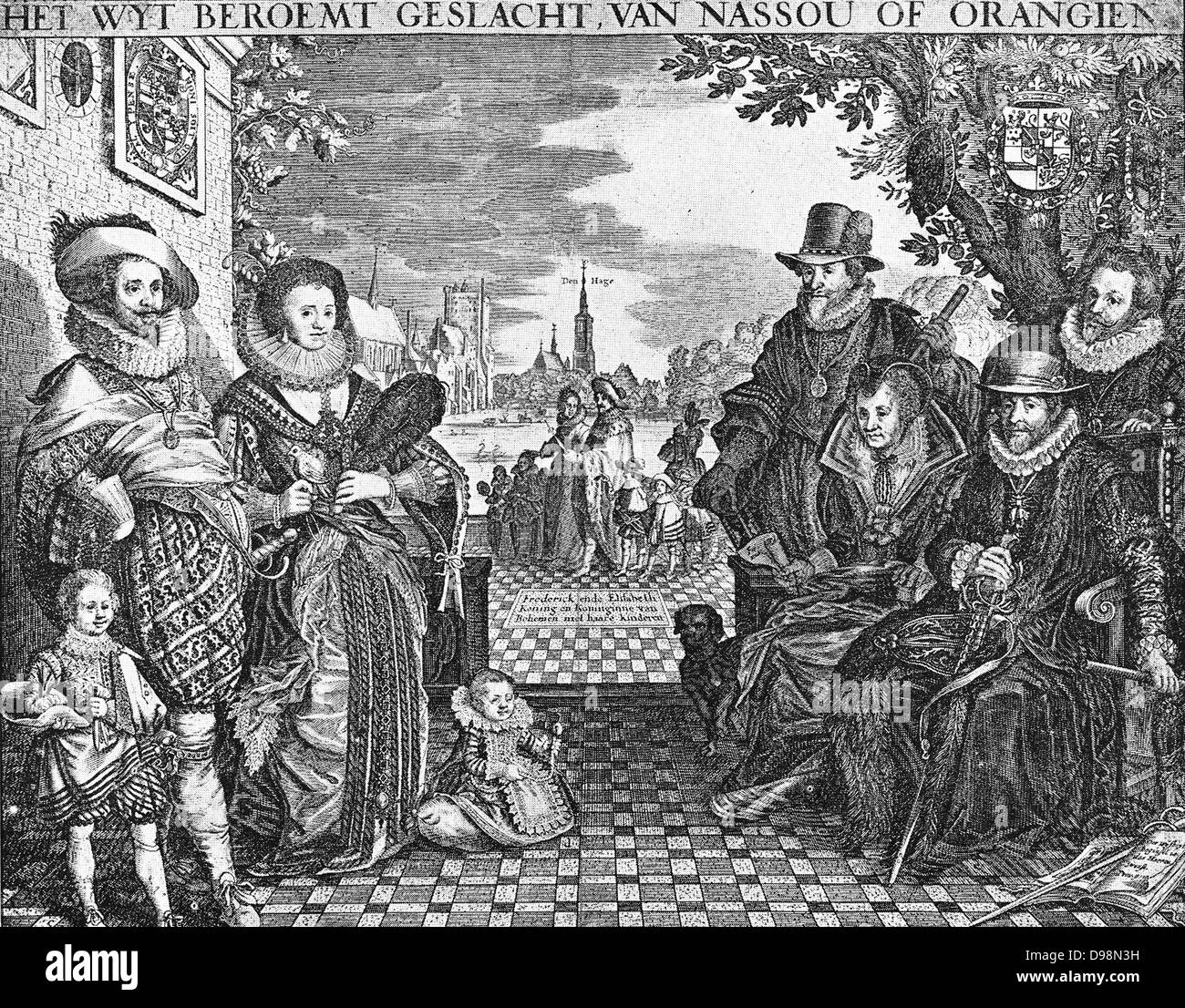 I membri della casa di Nassau. Louise Henriette. Maurits. Philips Willem. Frederik Hendrik, Amalia van Solms. Louise de Coligny, Prins Willem (II) in background: Frederik V. Keurvost van den Paltz, Koning van Bohemen, metzijne gemalin Elizabeth, ddaughter di Jacobus I di Inghilterra e i loro figli. circa 1600 Foto Stock