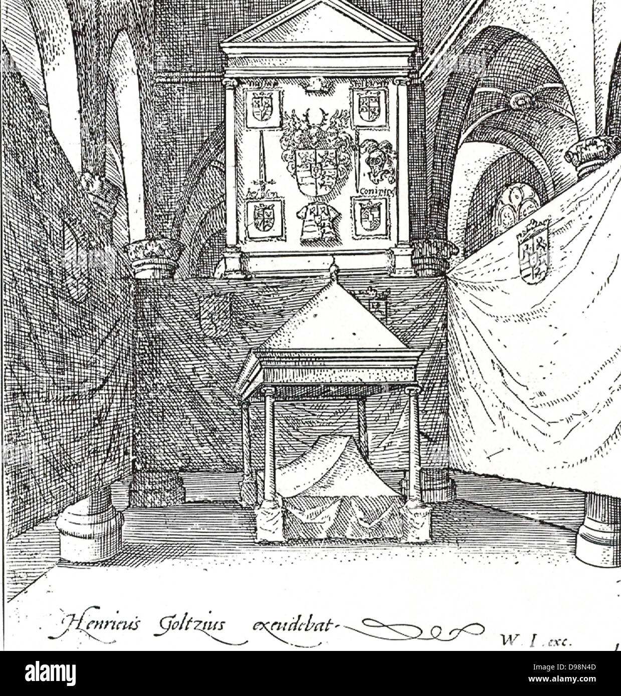 Agosto 1584. Temporanea decorazioni di lutto nella Nieuwe Kerk di Delft fatta al funerale del principe William 1, più tardi nel 1609, esso è stato sostituito con i più famosi monumenti di Hendrik de Keyser. Foto Stock