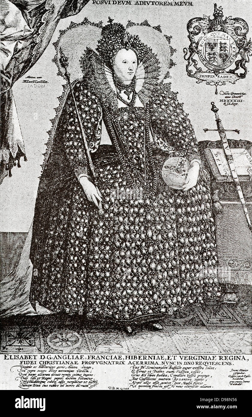 La regina Elisabetta d'Inghilterra (1558-1603) Elisabetta era la figlia di Enrico V111 e Anne Boleyn. Ella è stata dichiarata illegittima dal Parlamento nel 1536. Elisabetta fece Inghilterra nuovamente protestante e la sua volontà è stata la legge. Ella non sposarsi ed era conosciuta come la Vergine Regina. Durante il suo regno, Inghilterra divenne nemico della Chiesa cattolica in Spagna e combattuto contro Filippo 11's marina (l' Armada spagnola). Il Tudor periodo conclusosi con la sua morte, dopo 45 anni sul trono. Fu sepolta nella abbazia di Westminster. Foto Stock