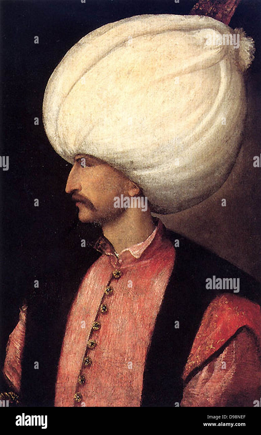 Suleiman I (1494-1566), sultano dell'Impero ottomano dal 1520, conosciuto in Occidente come il sultano Solimano il Magnifico e in Oriente come il legislatore. Testa e spalle ritratto di profilo c1530 attribuita alla scuola di Tiziano. Foto Stock