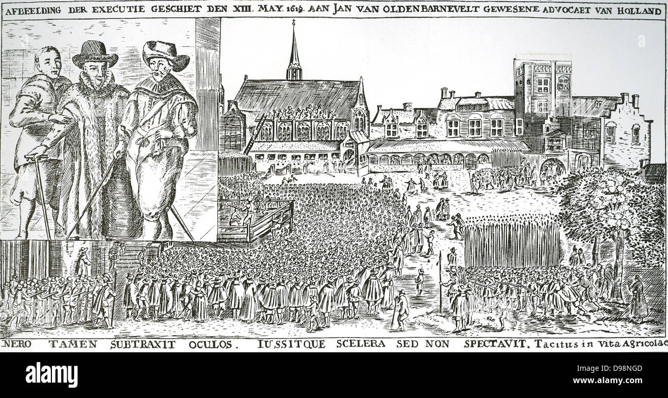 Johan van Oldenbarnevelt, signore di Berkel en Rodenrijs (1547 - 1619) statista olandese che ha giocato un ruolo importante nella lotta olandese per l'indipendenza dalla Spagna. Il 23 agosto 1618, per ordine del States-General, Oldenbarnevelt e i suoi principali sostenitori, Hugo Grotius, Gilles van Ledenberg, Rombout Hogerbeets e Jacob Dircksz de Graeff, sono stati arrestati o perso le loro posizioni politiche di governo. Egli è stato eseguito all'Aja nel maggio 1619 Foto Stock