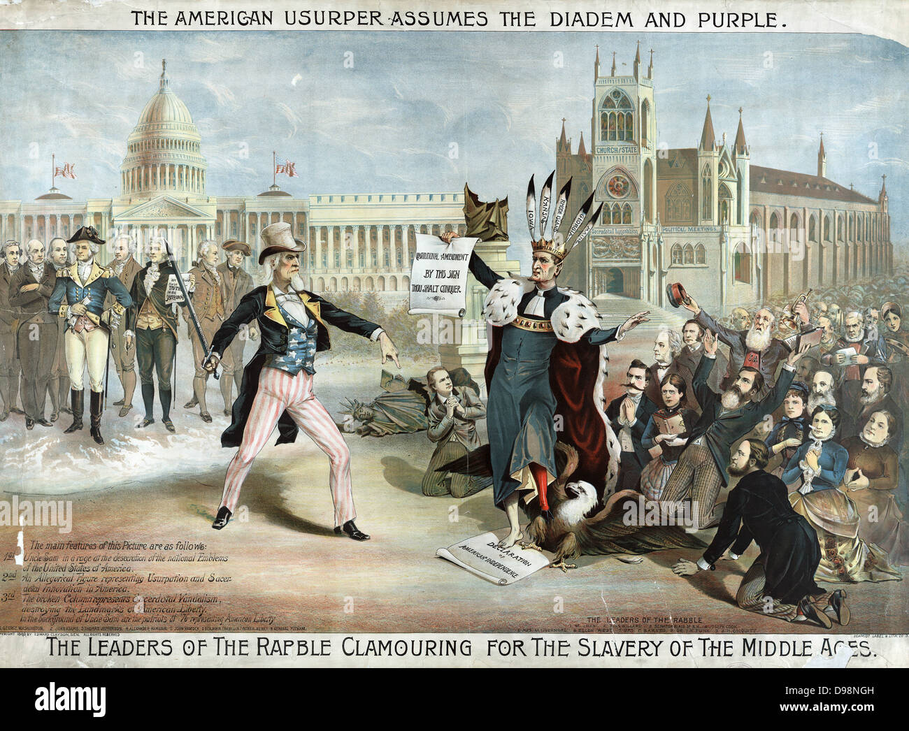 La separazione tra Stato e Chiesa: American usurpatore assume il diadema e viola. Lo zio Sam con Capitol e gli autori della Dichiarazione di Indipendenza dietro di lui, affrontando i religiosi "marmaglia' che desiderano la religione di stato. Stati Uniti d'America Foto Stock