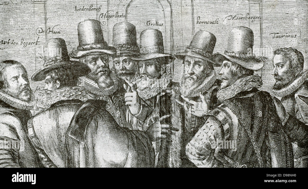 Johan van Oldenbarnevelt (pronuncia olandese: [jo?? V?? Vecchio?(n)b?rn?v?lt] ), signore di Berkel en Rodenrijs (1600), Gunterstein (1611) e Bakkum (1613) (14 settembre 1547, Amersfoort - 13 maggio 1619, l'Aia) era uno statista olandese che ha giocato un ruolo importante nella lotta olandese per l'indipendenza dalla Spagna. Il 20 febbraio 1619, Oldenbarnevelt condannato a morte e decapitato nel Binnenhof, all'Aia. Oldenbarnevelt's ultime parole per il carnefice sono stati presumibilmente: 'Make breve, farla breve." Foto Stock