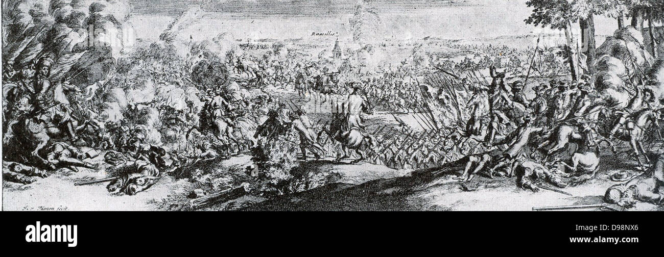 La battaglia di Ramillies era un maggiore impegno della Guerra di Successione Spagnola, combattuta su 23 Maggio, 1706. L incontro è stato un successo clamoroso per le forze alleate della Repubblica olandese, inglese e i loro ausiliari ma la battaglia aveva seguito un anno di indeciso di campagna elettorale in 1705 dove Allied eccesso di fiducia e di esitazione olandese dopo il loro successo nella battaglia di Blenheim era sfociata in una campagna abortivo lungo la Mosella, costringendo il Duca di Marlborough ad abbandonare i suoi piani per un push in Francia. Foto Stock