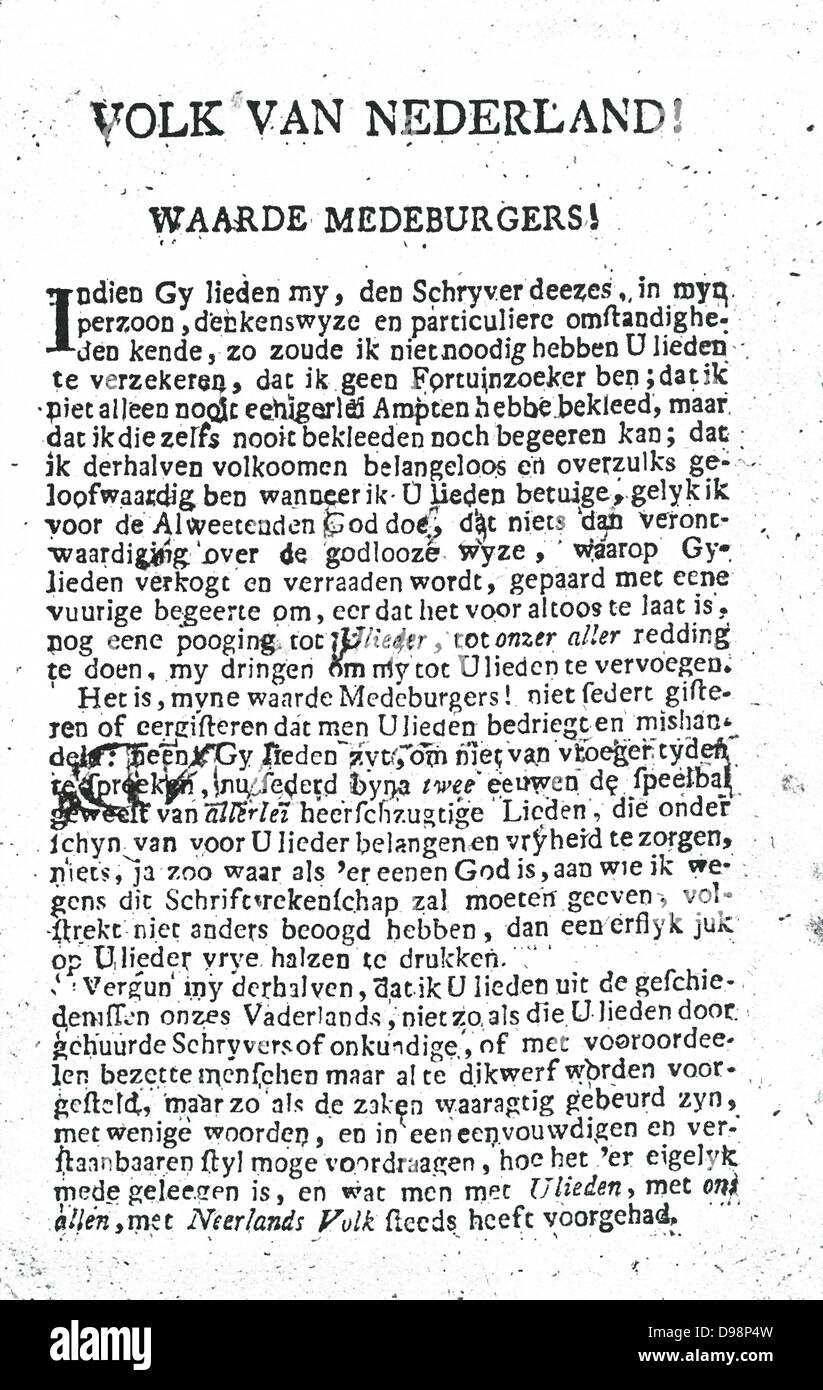 (Aan het Volk van Nederland) persone dei Paesi Bassi era un pamphlet sulla notte del 25 Il 26 settembre 1781 e diffondere un insurrezione armata. Foto Stock