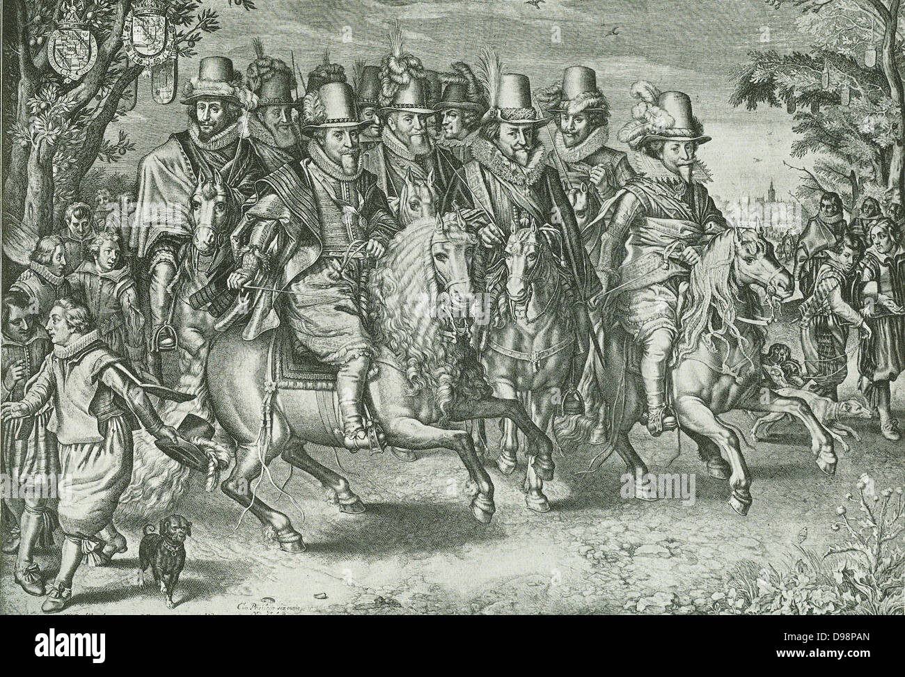 I fondatori della Repubblica olandese circa 1650. I principi della casa di Orange-Nassau. Questa produzione di una vecchia incisione di W. Jzn. Delff (dopo la foto di una v.d. Venne) dà il ben che assomigliano a ritratti di undici principi della casa di Orange, formando un partito di caccia. Foto Stock