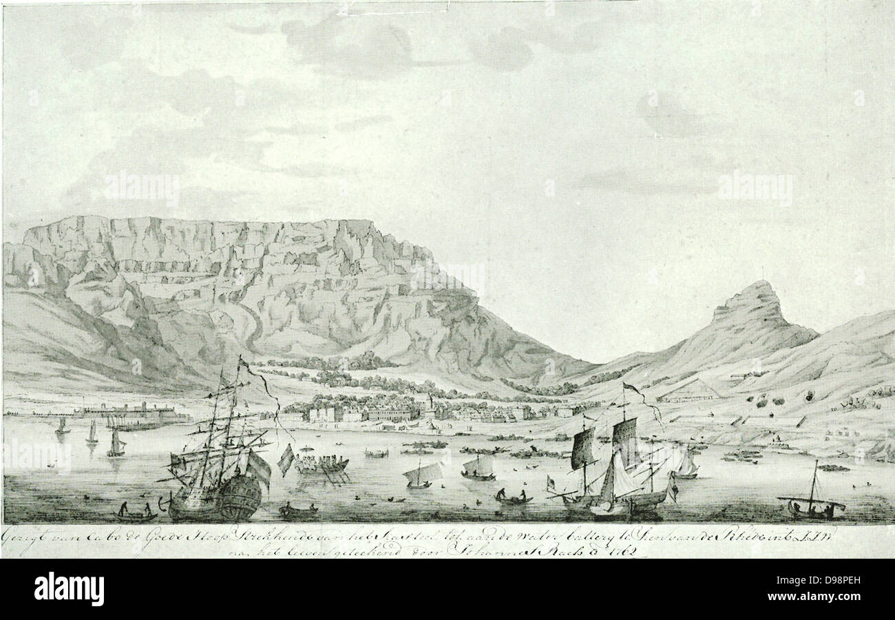 Vista di Città del Capo nel 1762, dal Castello alla Water-Battery, come visto da sud-ovest. Foto Stock