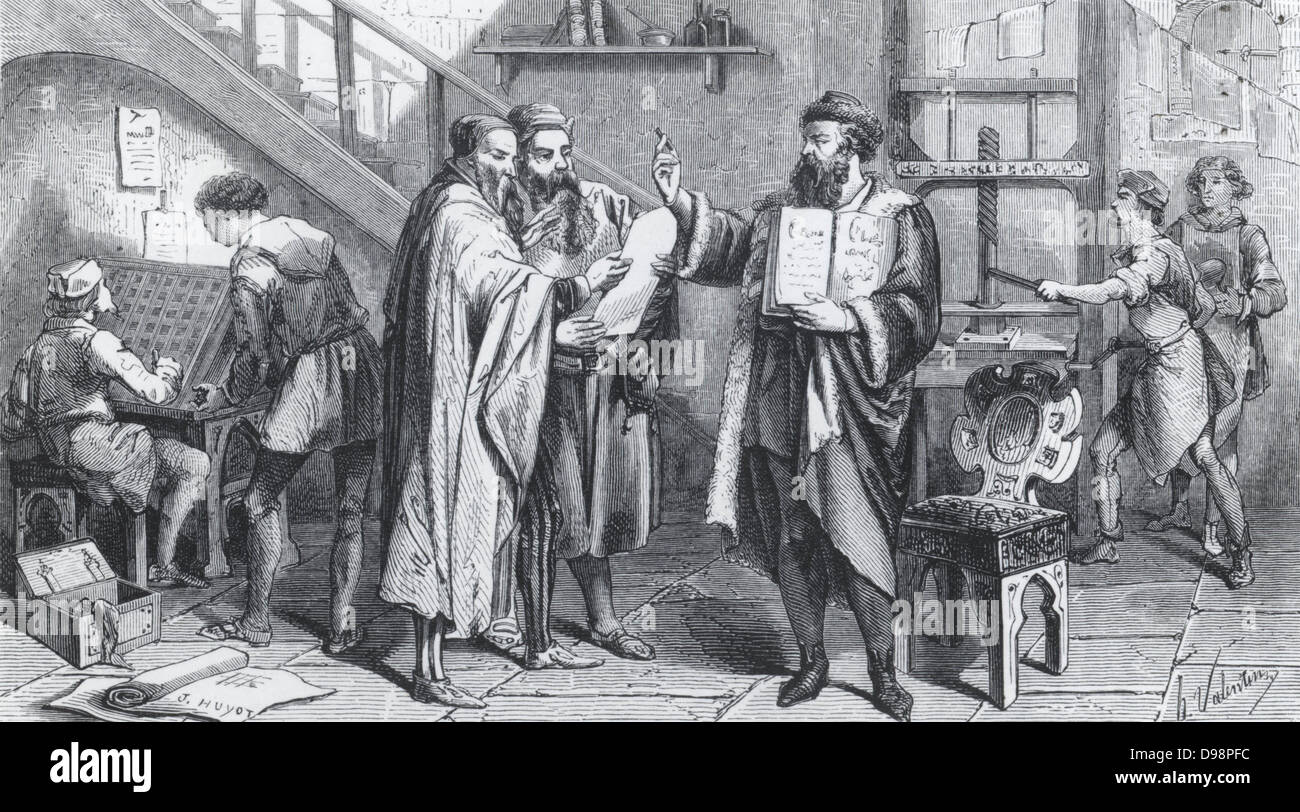 Johannes Gutenberg (1398-1468) Tedesco stampante nella sua stamperia. In circa 1439 egli è stato il primo in Europa ad utilizzare Mobile tipo e inventò la stampa. La seconda metà del XIX secolo illustrazione. Foto Stock