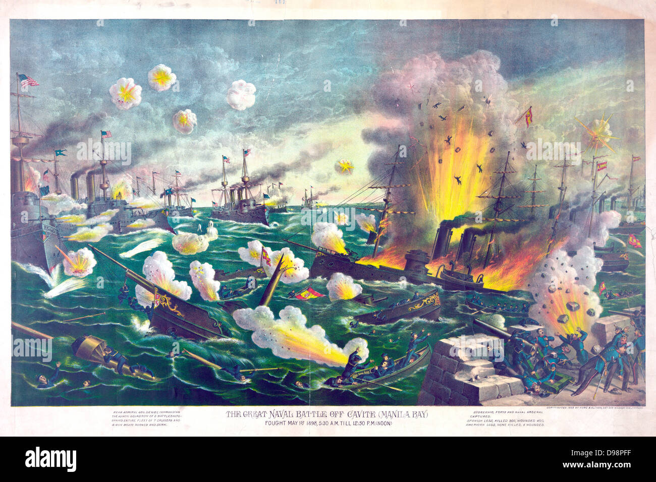 Guerra ispano-americana 1898: Battaglia della Baia di Manila, Filippine, 1 maggio 1898 il primo grande impegno del conflitto. Le navi spagnole distrutta dal fuoco americano. Ci schiacciante vittoria. Stampare c1898. Guerra navale Foto Stock