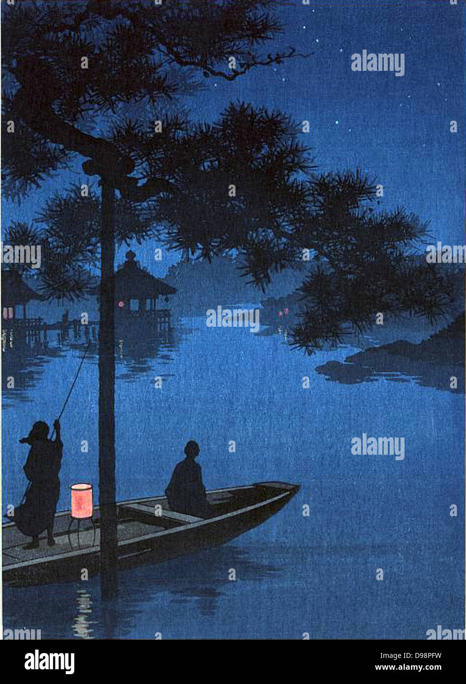 Pino Shibu: Konen Uehera (1878-1940) artista giapponese. Scena serale con il blu del cielo stellato miscelazione nel fiume. In primo piano, due figure in una piccola imbarcazione con braciere incandescente rosso statico sotto ramo di pino. Acqua pace tranquillità Foto Stock