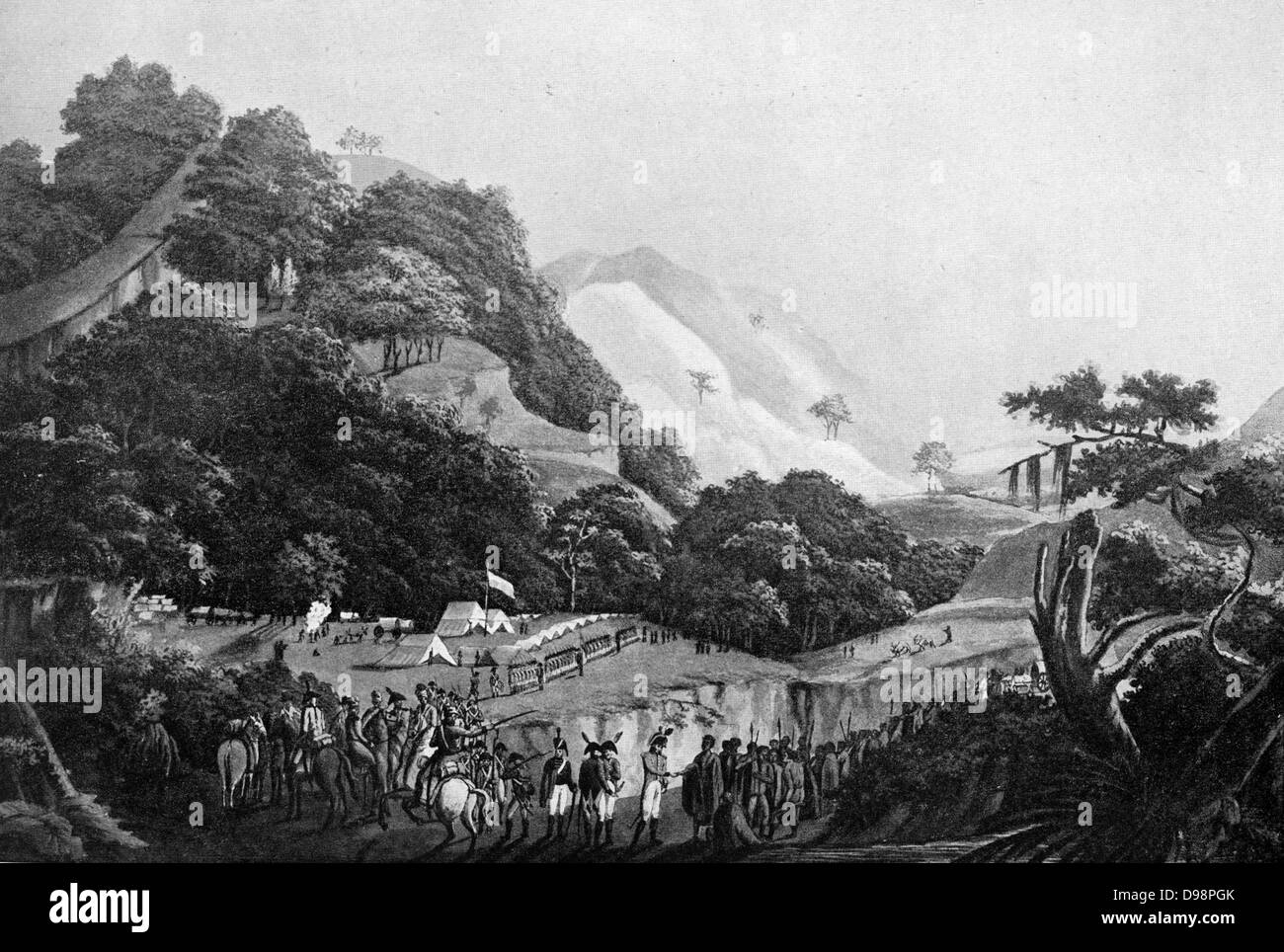 Incontro del Generale Janssens e Gaika. Questo incontro ha avuto luogo presso il fiume Kat su Giugno 24th, 1803. È stato concordato che il Fish River dovrebbe essere ormai il nord Limite occidentale del paese occupato dalla tribù Kaffir. Foto Stock