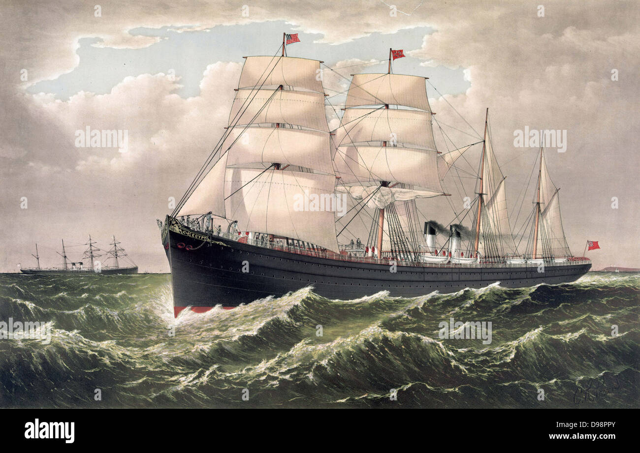 Linea nazionale SS Egitto sotto la vela e vapore, battenti Red Ensign. Lanciato a Liverpool, in Inghilterra, in 1871, uno dei suoi percorsi è stato Liverpool/New York. Currier & Ives Stampa c1879. Spedizione dei trasporti mercantili Liner di transizione Foto Stock
