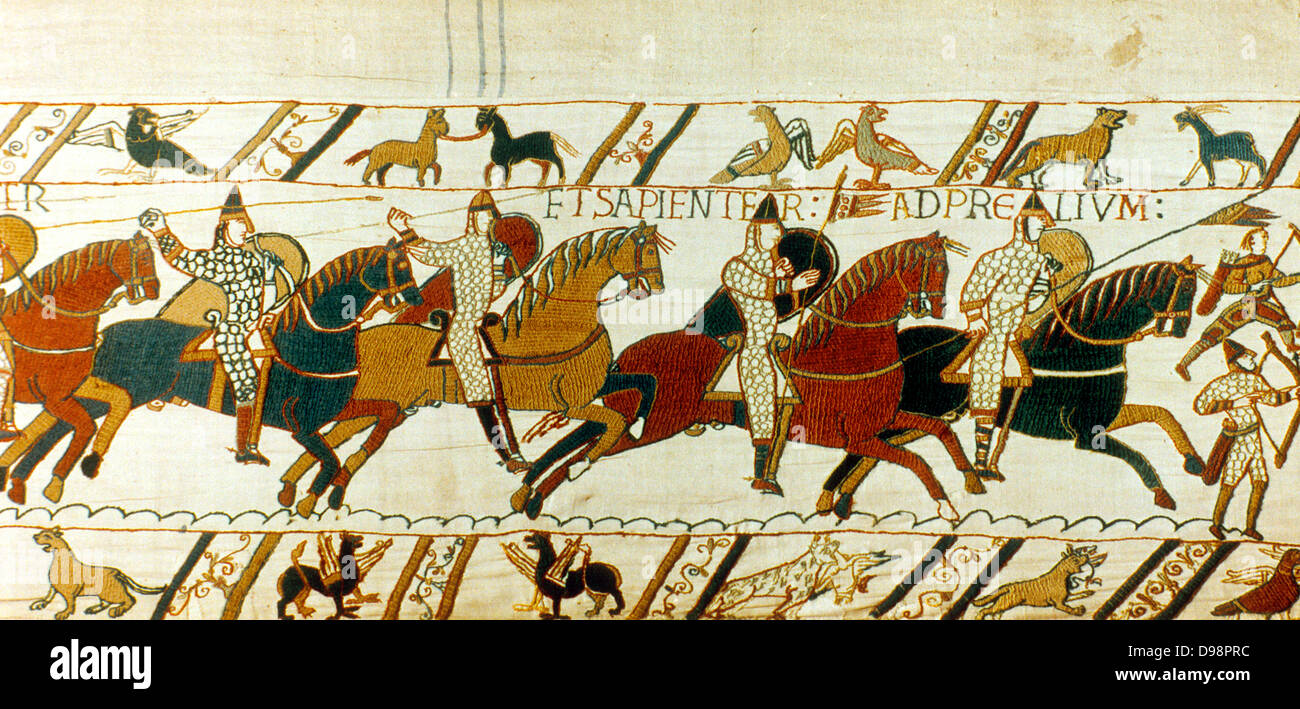 Arazzo di Bayeux 1067. Battaglia di Hastings, 14 ottobre 1066. Norman carica di cavalleria. Guglielmo I il Conquistatore sconfisse Harold II, ultimo re anglosassone di Inghilterra. Warfare corazza scudo lancia cavallo Archer Lino tessile Foto Stock