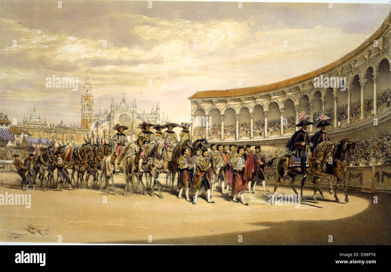 Entrata del toreros in processione. Il lago di prezzo (c1810-1896) artista inglese.toreri trasformazione nello stadio di Siviglia, Spagna. Corrida Matador tradizione sangue Costume Sport spettacolo Foto Stock