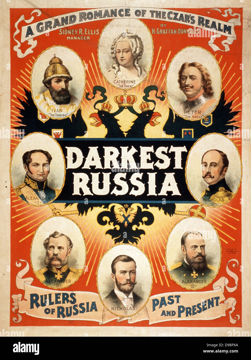 La Russia più bui: un Grand Romance di dello zar' Realm, Teatro poster, 1895. Ritratto vignette di Ivan il Terribile e Pietro il Grande e Caterina la Grande, Alessandro I, II e II e Nicola I e II. Doppia russo-HEADED EAGLE. Foto Stock