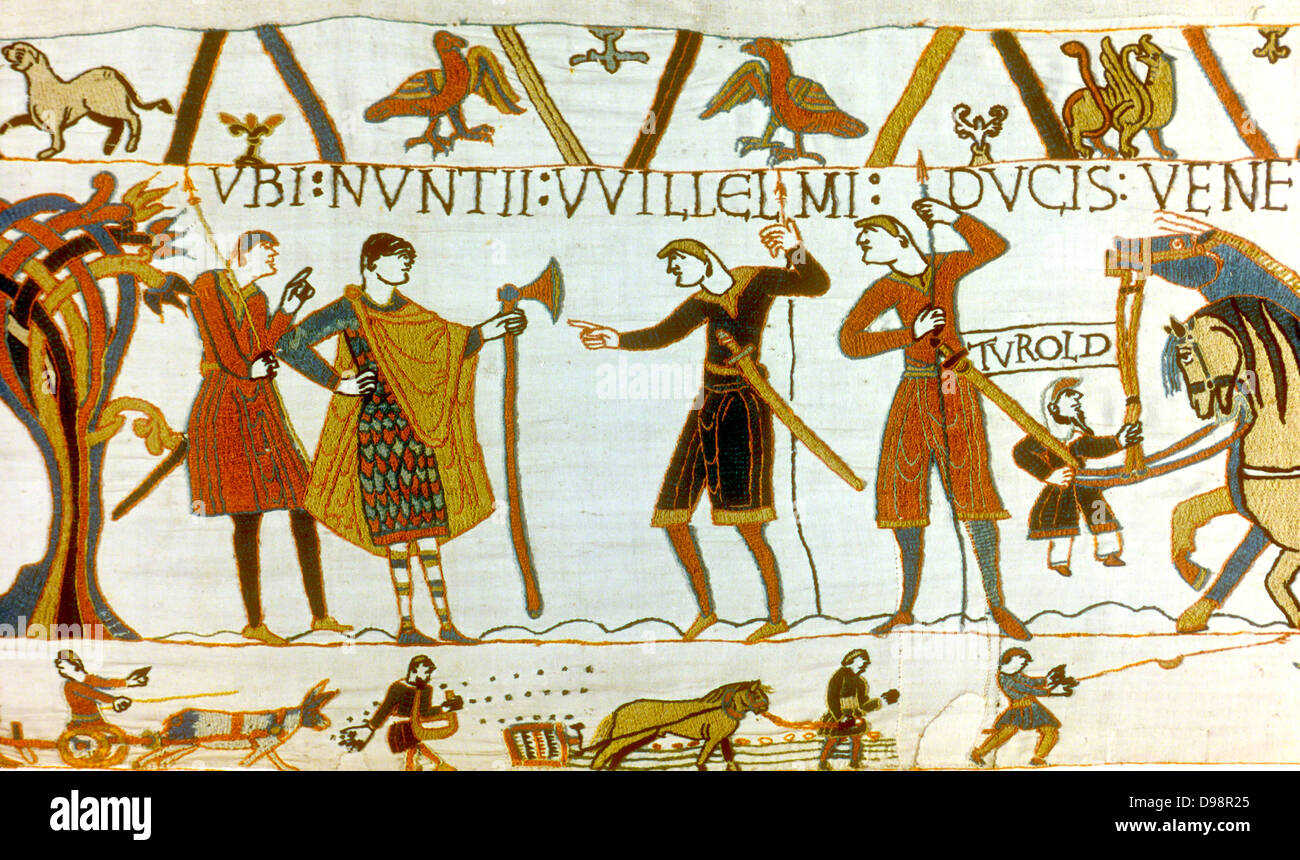 Arazzo di Bayeux 1067: nel 1064 messaggeri da Guglielmo di Normandia la domanda del conte Guy il rilascio di Earl Harold Godwinson (successivamente Harold II, anglosassone re d'Inghilterra). Semina e straziante campo nel bordo inferiore. Lino tessile Foto Stock