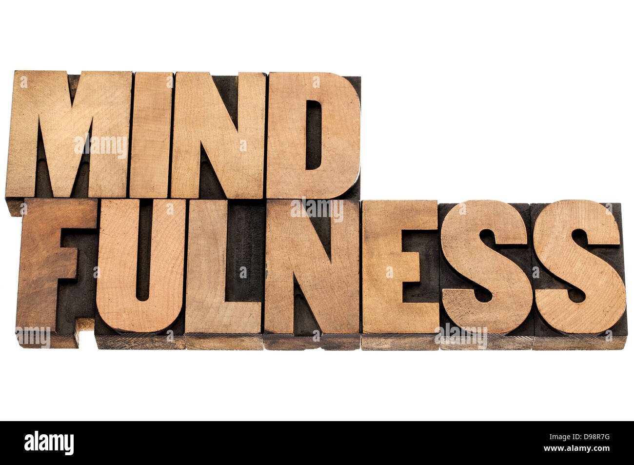 Mindfulness - concetto di sensibilizzazione - testo isolato in rilievografia tipo legno Foto Stock