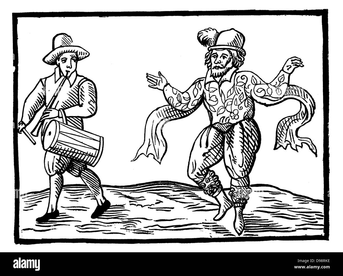 Inglese Elizabethan clown saranno Kempe ballare una maschera da Norwich a Londra nel 1600. William Kempe (anche ortografato Kemp) (fl. 1600{d.1603?}) era un attore inglese e ballerino meglio noto per essere uno degli attori originali di William Shakespeare's gioca. Specializzato in ruoli di fumetti, egli è stato considerato durante il periodo come il successore del grande Queen's uomini clown Richard Tarlton. Fonte: Kempes nove Daies meraviglia Data 160 Foto Stock