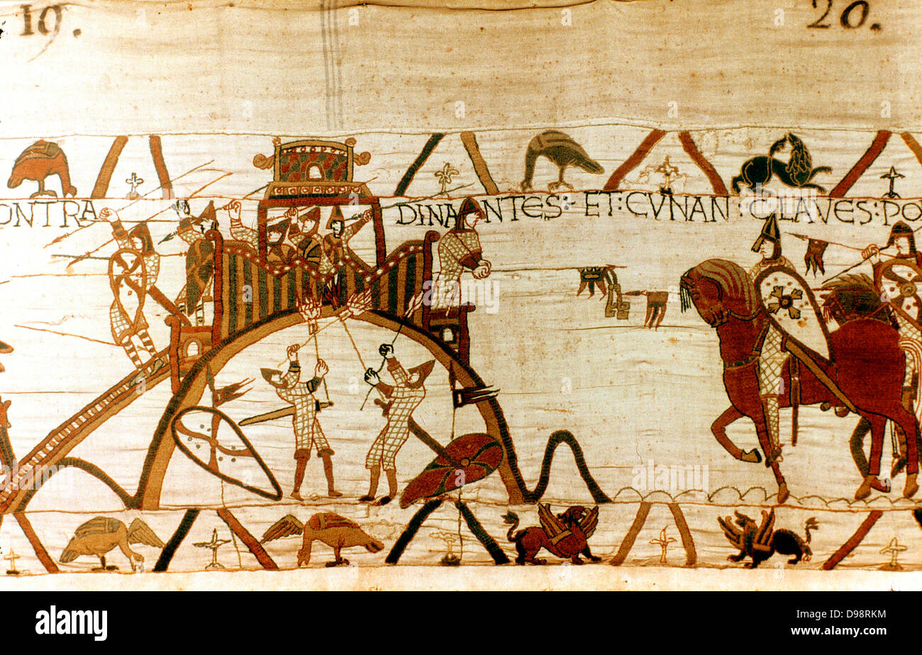 Bayeux Taestry 1067: Conan della Bretagna sotto attacco a Dinan, mani le chiavi della fortezza di Guglielmo di Normandia. William onorato Harold, Earl del Wessex per la sua assistenza, rendendo così lui di Harold overlord, 1064. Lino tessile Foto Stock