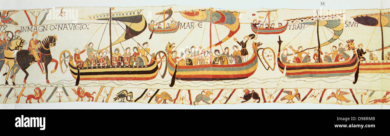 Arazzo di Bayeux 1067: William della Normandia (Guglielmo il Conquistatore) flotta di salpare per l'Inghilterra. Sbarcarono a Pevensey sulla costa sud del 28 settembre 1066. Sconfitto Harold II nella battaglia di Hastings in data 14 ottobre. Prodotti tessili Foto Stock