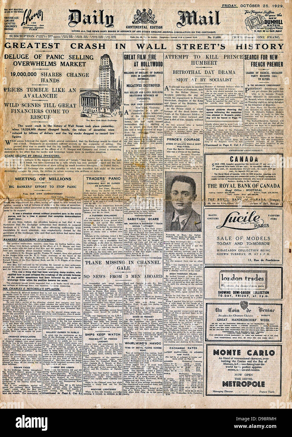 Wall Street crash' titolo di giornale 1929 Foto Stock