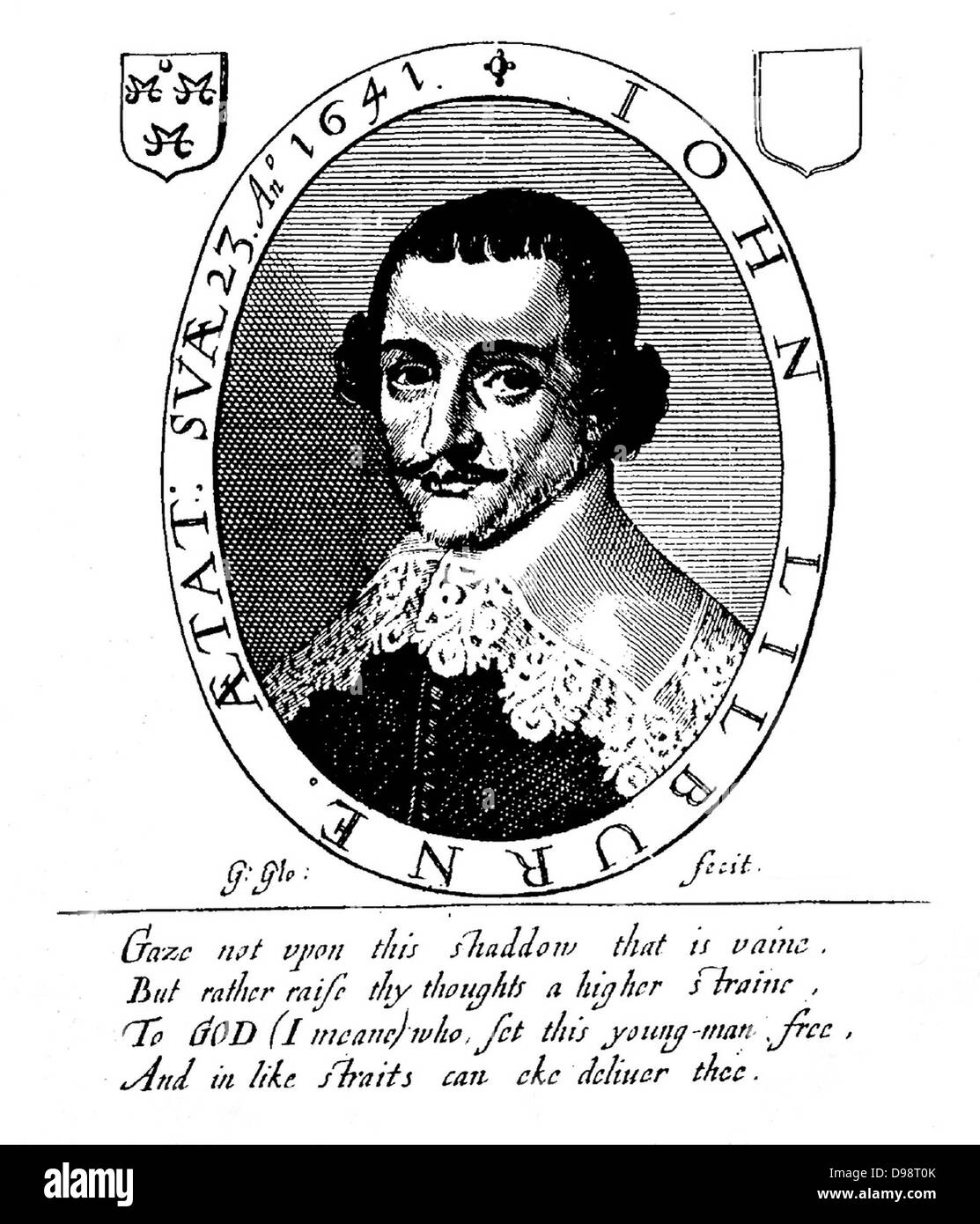 Ritratto e stemma di John Lilburne 1614?-1657. Dalla pagina del titolo di una risposta a nove argomenti. (1645 edition)divenne noto per i suoi contemporanei come 'Freeborn John". Egli ha descritto se stesso come "un amante del suo paese e sofferente per la libertà comune Foto Stock