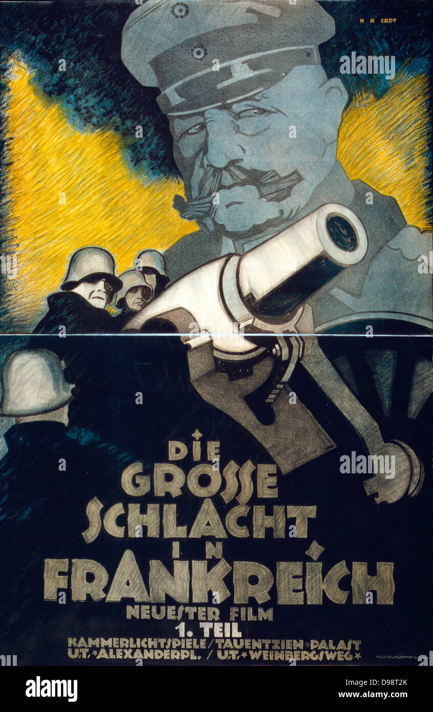 Poster per la vista della Wordl guerra i film 'Die Grosse Schlacht in Frankreich' Parte I (il grande battaglia in Francia): TEDESCO gunners round un mortaio. Maresciallo di Campo Hindenburg una torreggiante in background. Hans Rudi Erdt (1883-1918), artista tedesco Foto Stock