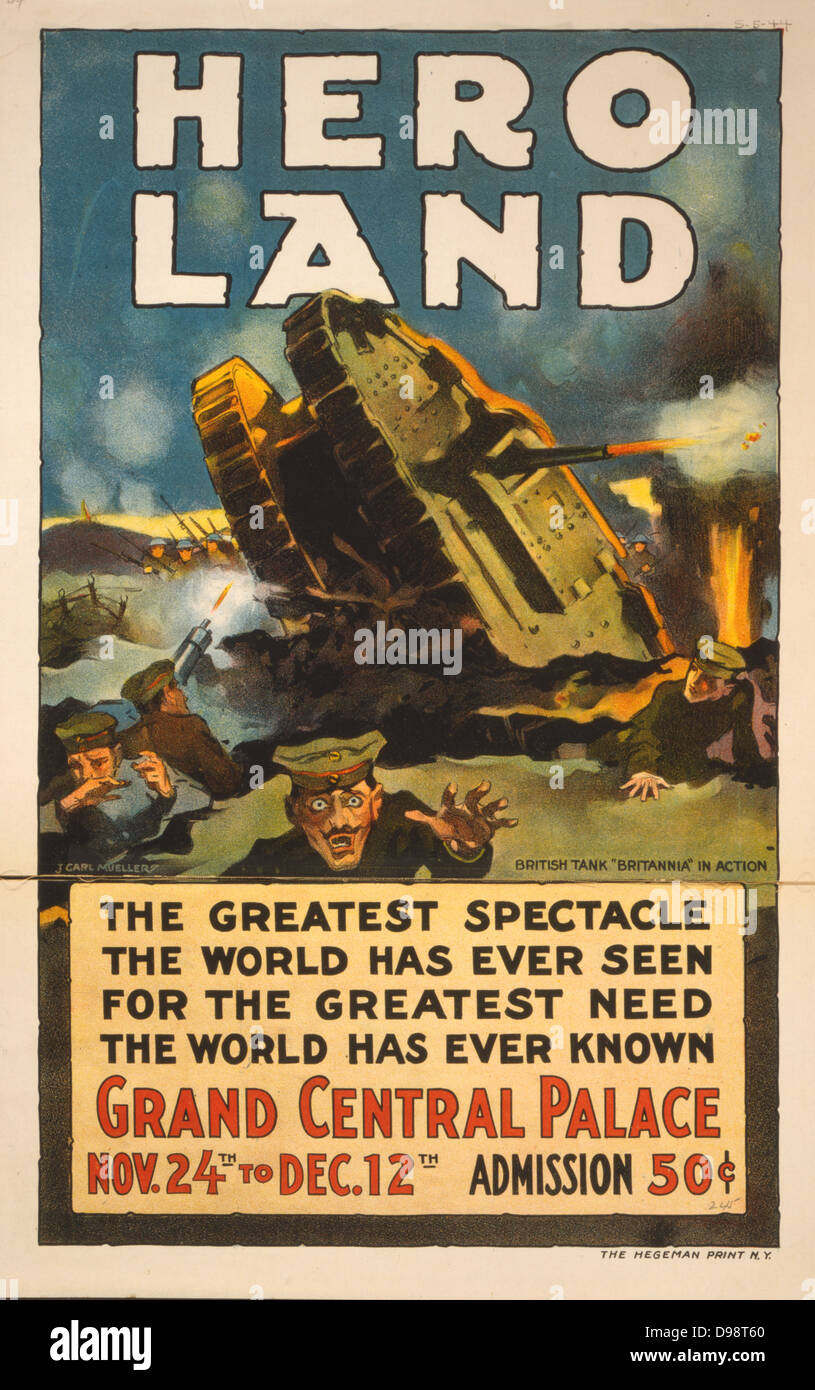 Poster per 'Hero terra' una spettacolare intrattenimento basato su campi di battaglia della guerra mondiale I, Grand Central Palace, New York, 24 novembre-12 dicembre 1917. Il Britannia, early British vasca al centro dell'azione. Foto Stock