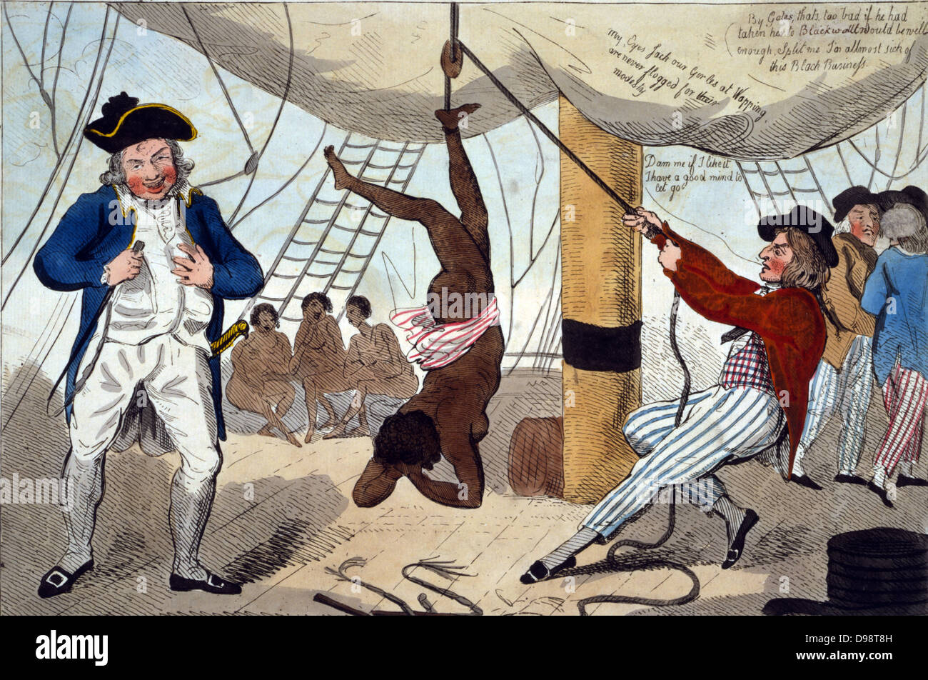 John Kimber, Bristol capitano della nave, tenendo frusta, nel 1792 ha provato per l omicidio di donne slave mentre punire il suo per non riuscire a mangiare. Trovato non colpevole ma caso utilizzato dalla verità per evidenziare la crudeltà del commercio di schiavi. Ho Cruickshank, 1792. Foto Stock