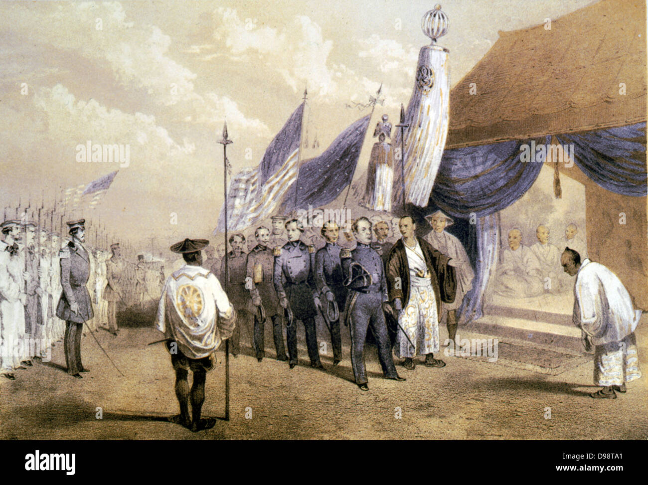 Apertura del Giappone. US Navy Commodore Matthew Perry (1794-1858) incontro con i commissari imperiale a Yokohama. Perry Firmata convenzione di Kanagawa il 31 marzo 1854. Litografia di 1856. Commercio commercio America Foto Stock