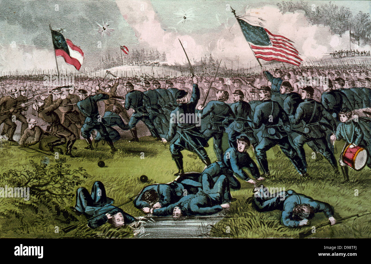 La guerra civile americana 1861-1865: Seconda Battaglia di Corinto, Mississippi, 3-4 ottobre 1862. Confronto di unione e di fanteria confederato, baionette disegnato. Vittoria dell'Unione. Il batterista-boy, destra, vittime, primo piano. Currier & Ives. Foto Stock