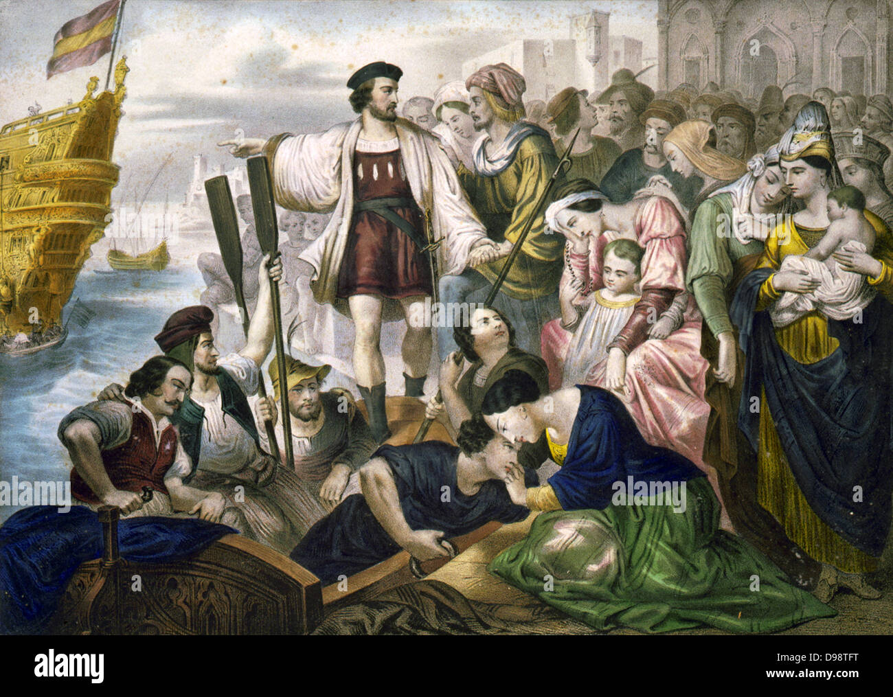 Christopher Columbus in procinto di imbarcarsi per il nuovo mondo da Palos, Spagna, 8 agosto 1492. Le donne e i bambini triste al momento della partenza dei loro cari. Stampare c1860. Esplorazione scoperta America Foto Stock